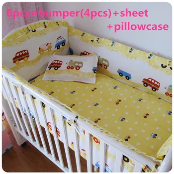 Promotion! 6/7PCS Cotton Baby Cot Bedding Set Newborn Cartoon Crib Bedding Detachable Quilt Cover , 120*60/120*70cm
