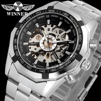 WINNER Men Luxury Brand Military Casual Skeleton Stainless Steel Watch Automatic Mechanical Wristwatch Gift Box Relogio Releges