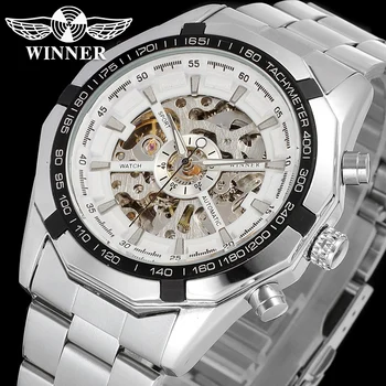 WINNER Men Luxury Brand Military Casual Skeleton Stainless Steel Watch Automatic Mechanical Wristwatch Gift Box Relogio Releges