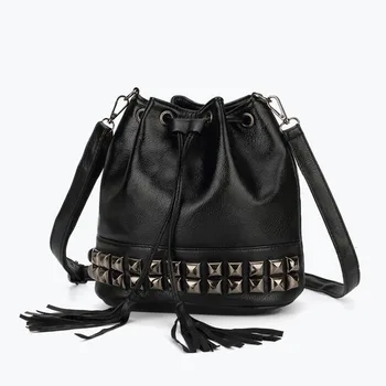 Teridiva Handbags Small Tassel Handbag Crossbody Bucket Bags for Women Shoulder Bag Rivet Messenger Bag Bolsa
