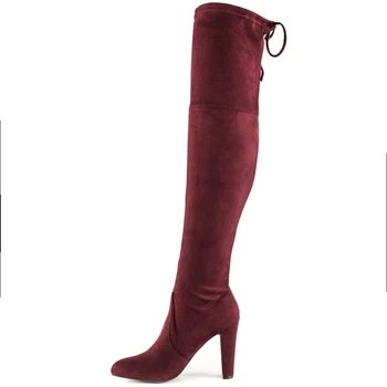 Deep Red Women Boots Botines Mujer Zapatos Mujer Ladies Party Boots Square Heels Shoes Boots Knee Boots For Women Plus Size