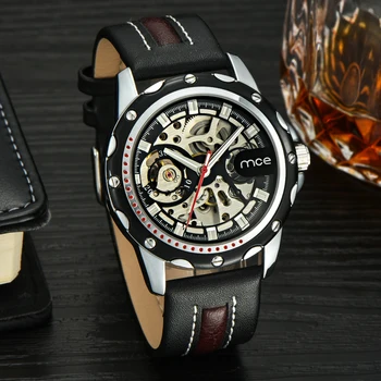 Luxury Golden MCE Automatic Mechanical Watch For Male Hollow Skeleton Dial Black Genuine leather Band Wristwatches