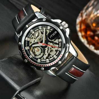 Luxury Golden MCE Automatic Mechanical Watch For Male Hollow Skeleton Dial Black Genuine leather Band Wristwatches