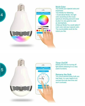 Smart LED Bulb Bluetooth Speaker LED RGB Light E27 Base Wireless Music Player with APP Remote Control.