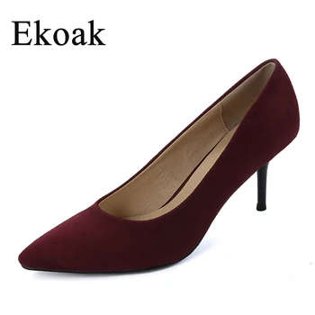 Ekoak New 2017 women pointed toe flock high heels Sexy Genuine Leather OL women pumps Fashion Handmade Sheepskin shoes woman