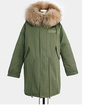 2016 Women's Army Green Large Color Raccoon Fur Hooded Coat Parkas Outwear Long Detachable Fox Fur Lining Winter Jacket Brand