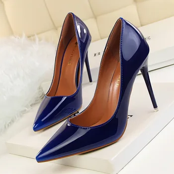 2017 new fashion women pointed toe pumps patent leather high thin heels sexy business dress shoes wedding shoes size:35-39
