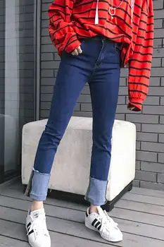 Jasmine fashion classic solid color all-match hem midsweet patchwork roll-up high waist denim jeans