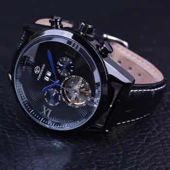 Forsining Black Genuine Leather Blue Hands Full Black Tourbillion Streamlined Dial Mens Watches Top Brand Luxury Automatic Watch