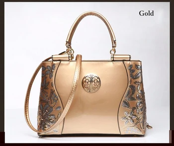 2017 Europe style fashion women bags Patent Leather handbags appliques and Embroidery women bag