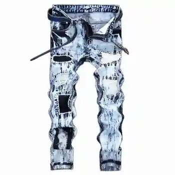 1545 2017 Snow Wash Distressed Mens ripped jeans Fashion Skinny Embroidered Hip hop jeans Motorcycle Jogger jeans Big size