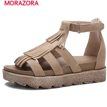 MORAZORA 2017 platform shoes tassel solid high heels shoes sandals women fashion portable summer shoes