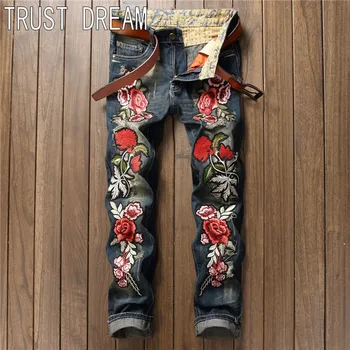 Real Photo European Style Men Slim Vintage Jeans Embroidery Red Rose Ripped Distressed Quality Punk Fashion Jeans Street Club