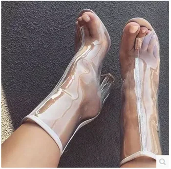 PVC Clear Shoes Heel Peep Toe Jelly Sandals Transparent Boots Ankle Boots Bootie High Top Perspex Lucite Summer Heel Pumps 11cm