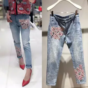 Spring Floral Embroidery Blue Denim Trousers Female Autumn Zipper Straight Jeans Casual Women Ripped Denim Pants