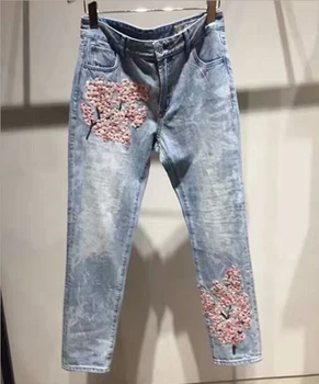 Spring Floral Embroidery Blue Denim Trousers Female Autumn Zipper Straight Jeans Casual Women Ripped Denim Pants