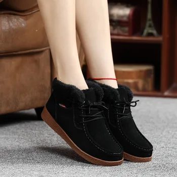 New women snow boots classic Cow Suede nubuck leather warm fur ankle boots for women winter shoes flat boots size 35-40