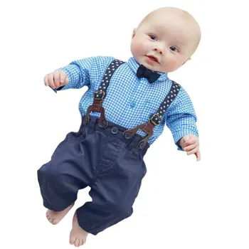 Toddler Baby Kids Boys Long Sleeve Plaid T Shirt Tops+Suspender Pants Trousers Wedding Party Gentlemen Outfits set