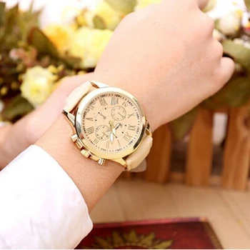 Luxury Gold Geneva Women's watch Geneva PU Leather Analog Quartz Dress Watches Beige Reloj Clock Relojes Mujer est Watch