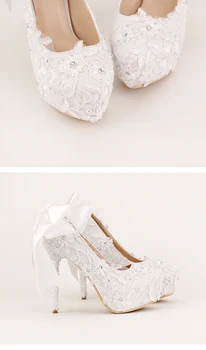 Wedding Shoes Women Pumps bowtie Lace Pearl Sweet white Bow bridal Shoes with Ultra-High waterproof table with fine photographs