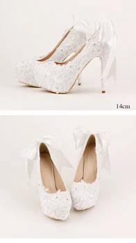 Wedding Shoes Women Pumps bowtie Lace Pearl Sweet white Bow bridal Shoes with Ultra-High waterproof table with fine photographs