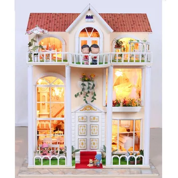 13823 Hongda large diy wooden dollhouse villa doll house voice LED lights miniatures for decoration toys girls