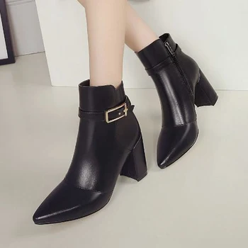 2017 Genuine Leather New Women Shoes Square High Heels Ankle Boots Sexy Pointed Toe Shoes Woman Elegant Women Boots Shoes