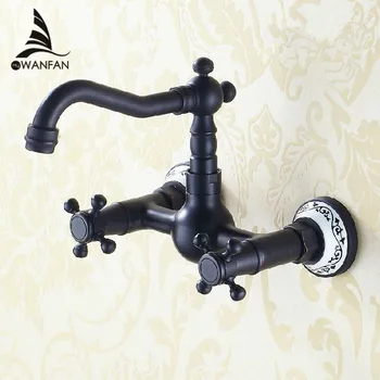 Turn round 360 degree Kitchen Mixer Tap Double Cross Handles Wall Mounted Kitchen Faucet In Black kitchen mixer tap SY-054R