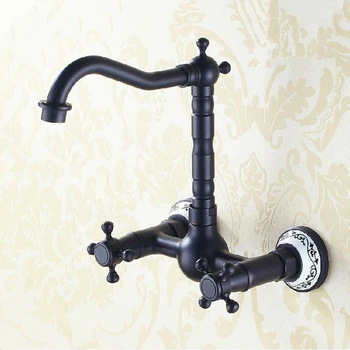 Turn round 360 degree Kitchen Mixer Tap Double Cross Handles Wall Mounted Kitchen Faucet In Black kitchen mixer tap SY-054R