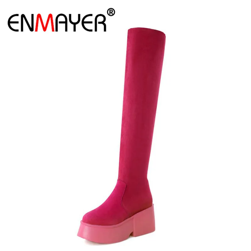 ENMAYER Black&Red Long Boots Shoes Woman High Heels Round Toe Wedges Genuine Leather Knee-high Boots Size 34-39 Platform Shoes
