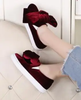 Hot selling velvet woman shoes 2017 fashion round toe big butterfly-knots loafers slip-on flat shoes newest casual shoes