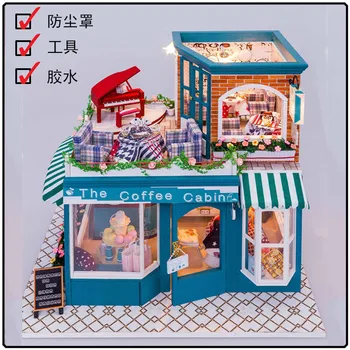 Hongda large European coffee shop DIY wooden doll house miniatures dollhouse miniature kit store D013