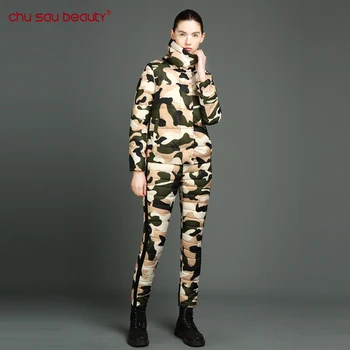 Winter Duck Parkas Jacket Women Suit 2017 New Spring Autumn Size Floral Printed Slim Casual Parka (Coat + Pants) Jacket With