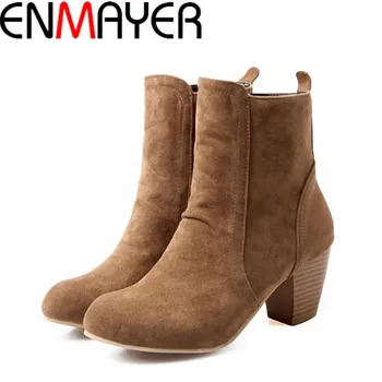 ENMAYER New Round Toe Ankle Boots for Women Thick Heels Winter Boots Leisure Big Size 34-43 Fashion Martin Boots Shoes Women
