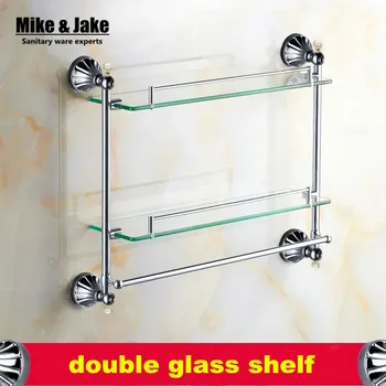 Bathroom Accessories chrome Finish With crystal Tempered Glass shelf,double Glass Shelf bathroom double shower shelf