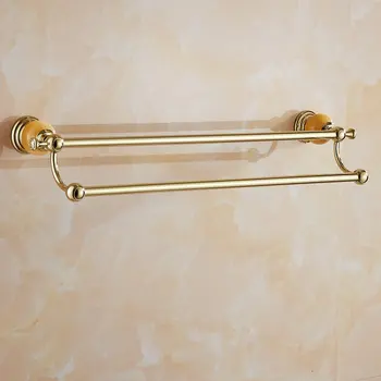 62 Jade Series Golden Polish Copper With Jade Double Towel Bar Continental Bathroom Accessories Towel Rack Towel Shelf