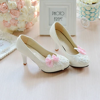 White Wedding Shoes Spring and summer bride Shoes high -heeled beaded lace Women Pumps rhinestone large size 35-42
