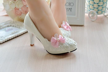 White Wedding Shoes Spring and summer bride Shoes high -heeled beaded lace Women Pumps rhinestone large size 35-42