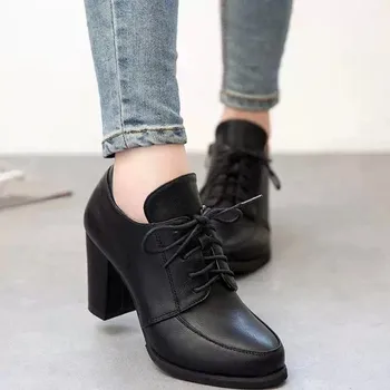 New Nice spring women's shoes lace up thick heels black pumps low top casual woman shoes office nude pumps ladies shos WSH261