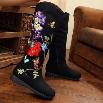 Vintage Embroidery Boots Ethnic Floral Knee Boots Retro Butterfly Embroidered Winter Warm Zipper Shoes Woman