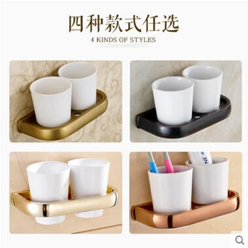 Classic Style Cup Holder Toothbrush Holder Ceramics Cups Antique Brass Solid Brass Rack Tumbler Holder Wall Mounted
