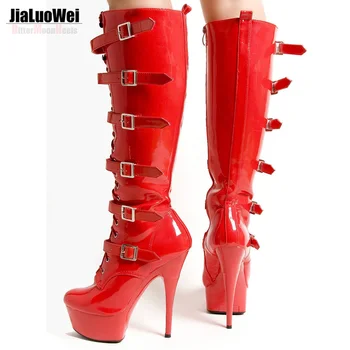 15cm Ultra High Heels Knee-High Boots Punk Hasp Shoes Side Zipper Buckles Boots 4CM Platform Fashion Gothic High Gladiator Boots
