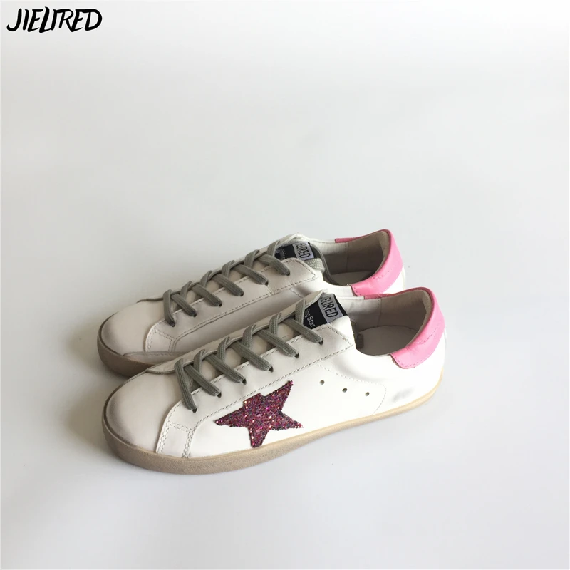 2017 Fashion Brand JIELIRED New Designer Man Shoes Flat Cute Pink Dirty Style Real Leather Gold Silver Star White Shoes Male