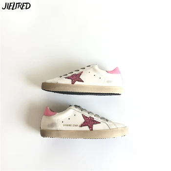 2017 Fashion Brand JIELIRED New Designer Man Shoes Flat Cute Pink Dirty Style Real Leather Gold Silver Star White Shoes Male