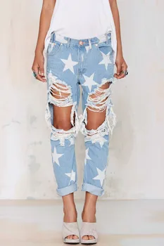 Boyfriend Style star pattern loose ripped big hole jeans tassels trousers pants plus size for women woman feminina