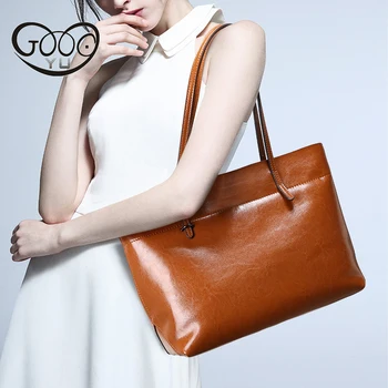 Cow Leather produced Casual Tote with smooth leather is divided into two vertical and horizontal style design Women handbags