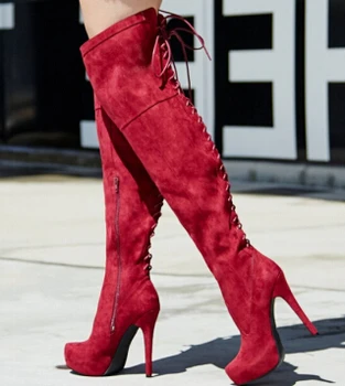 New Style Autumn Winter Women Boots High Heels Shoes Red Black Over The Knee Gladiator Platform Lace-Up Thigh High Boots