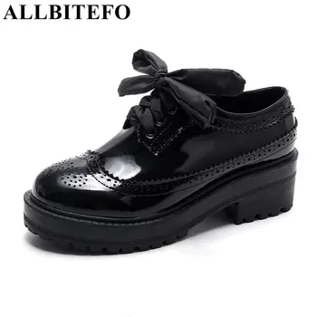 ALLBITEFO fashion retro full genuine leather high heel shoes woman thick heel casual women's shoes women pumps