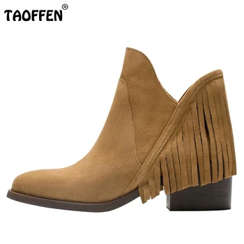 Women Round Toe Ankle Boots Woman Square High Heel Shoes Ladies New Fashion Tassel Heeled Boots Size 35-46 B269