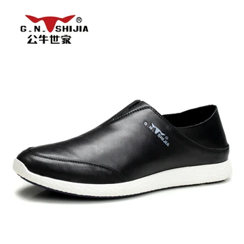 G.N. SHI JIA Black Genuine Leather Upper Rubber Outsole Men's Loafers Simple Design Soft Comfortable Men's Casual Shoes 888177